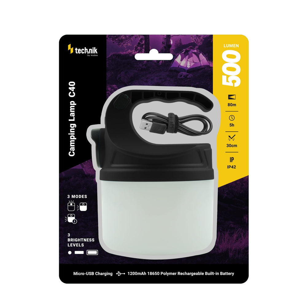 Technik Campinglampa C40 uppladdningsbar LED 500 lumen Vit IP44 med USB-laddning och 3 ljusstyrkelägen