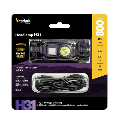 Technik Pannlampa H31 med Osram P9 LED, 800 lumen, 5 lägen, USB-C uppladdningsbar, IPX4, Vit