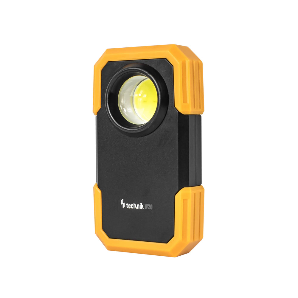 Technik LED ficklampa W20 COB 250 lumen, drivs av 3xAAA, vit plastkropp, IPX2 med magnet och klämma