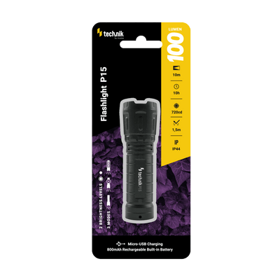 Technik P15 uppladdningsbar ficklampa 100 lumen XPE LED, IP44, 800mAh micro USB, 10h drifttid, Vit