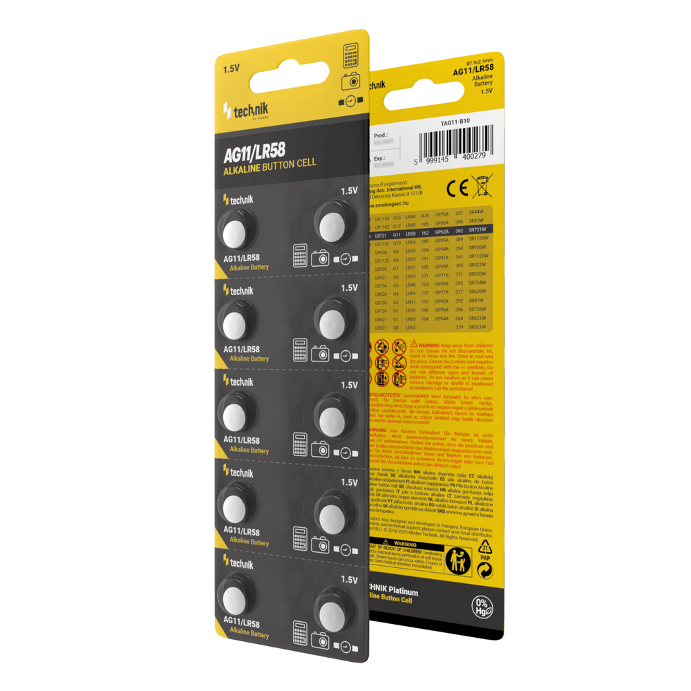 Technik Platinum AG11 LR58 362 1.5V alkaliskt knappcellsbatteri 10-pack för klockor och småelektronik
