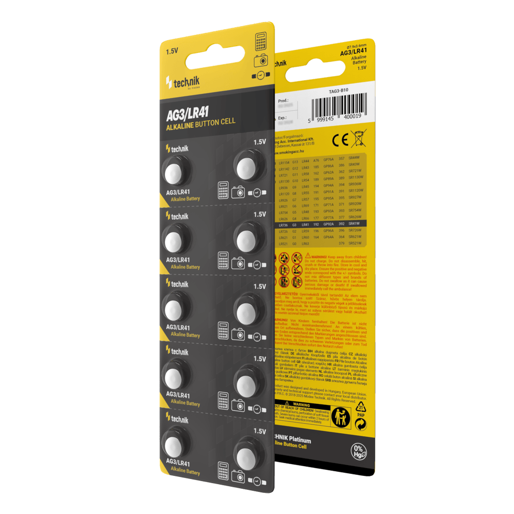 Technik Platinum AG3 LR41 192 392 1.5V Alkalisk knapcellsbatteri 10-pack för klockor och små enheter