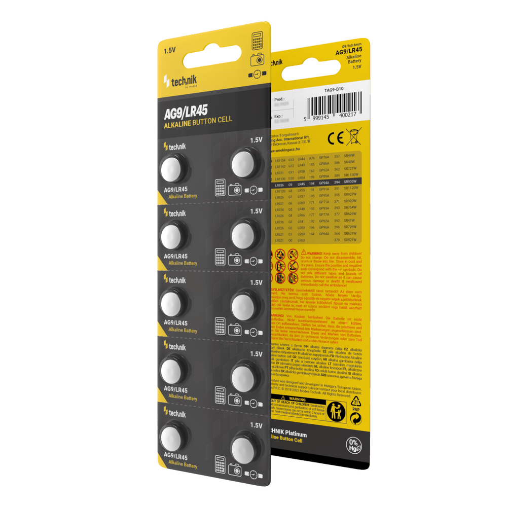 Technik Platinum alkalisk knappcell AG9 LR45 394 1.5V 40mAh myntbatteri 10-pack