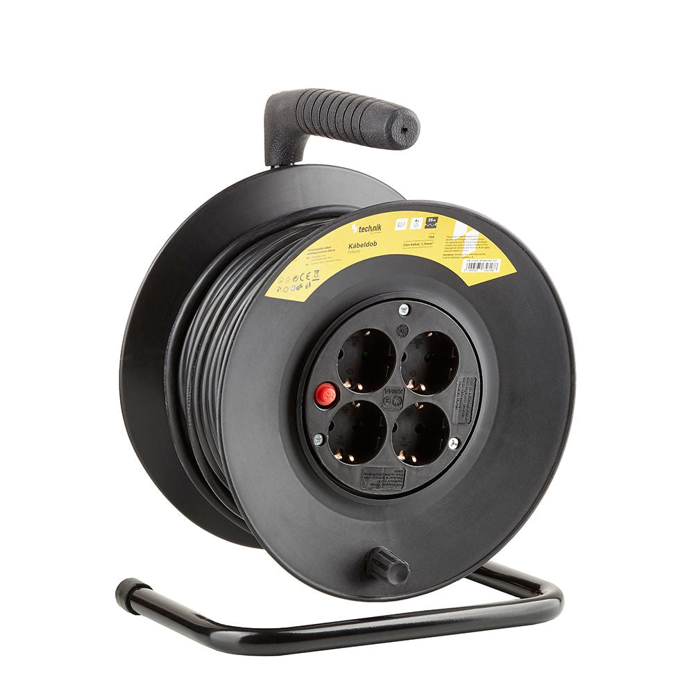 Technik Professionell Kabelvinda 25m 1.5mm² 16A med 4 EU-uttag och strömbrytare Svart