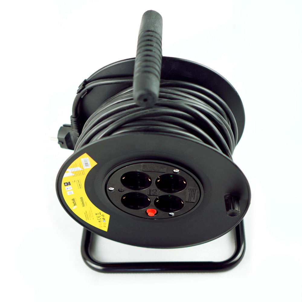 Technik Professionell Kabelvinda 25m 1.5mm² 16A med 4 EU-uttag och strömbrytare Svart