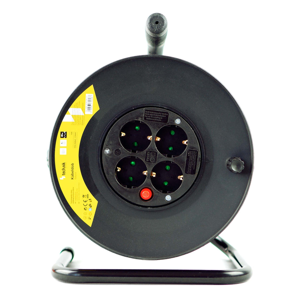 Technik Professionell Kabelvinda 25m 1.5mm² 16A med 4 EU-uttag och strömbrytare Svart