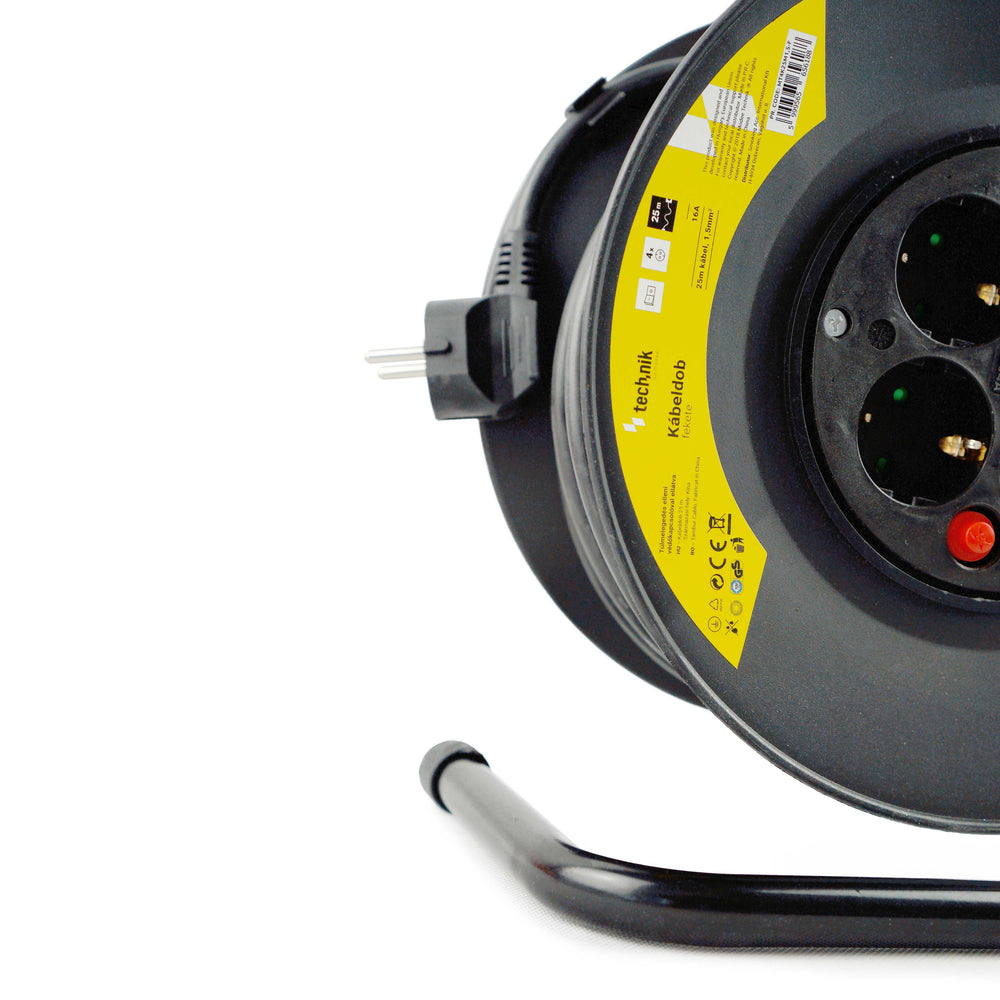 Technik Professionell Kabelvinda 25m 1.5mm² 16A med 4 EU-uttag och strömbrytare Svart