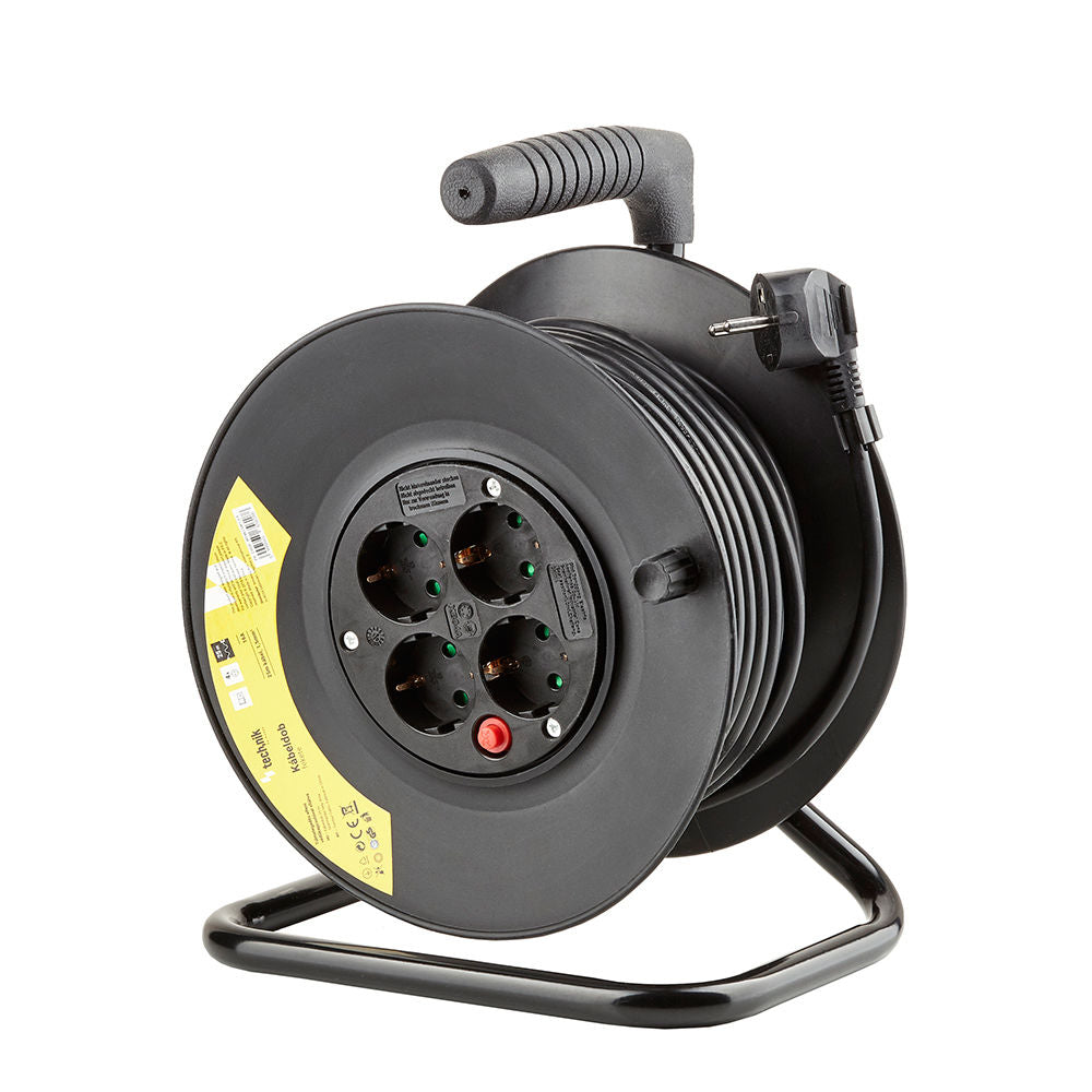 Technik Professionell Kabelvinda 25m 1.5mm² 16A med 4 EU-uttag och strömbrytare Svart