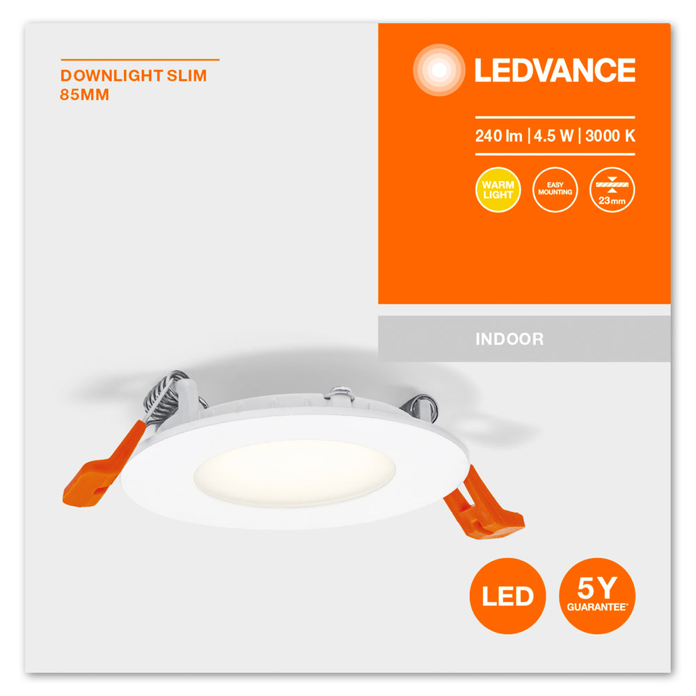 Ultra Slim LED Infälld Spotlight Vit 4.5W 240 lumen 3000K varmvit 85mm håltagning 72mm 230V