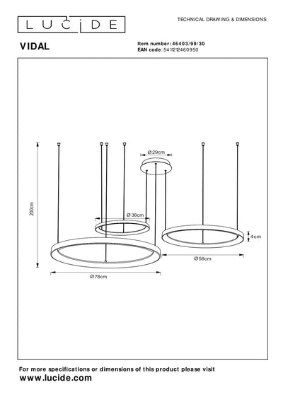 Lucide VIDAL LED-pendellampa 78 cm svart 120W 2700K dimbar
