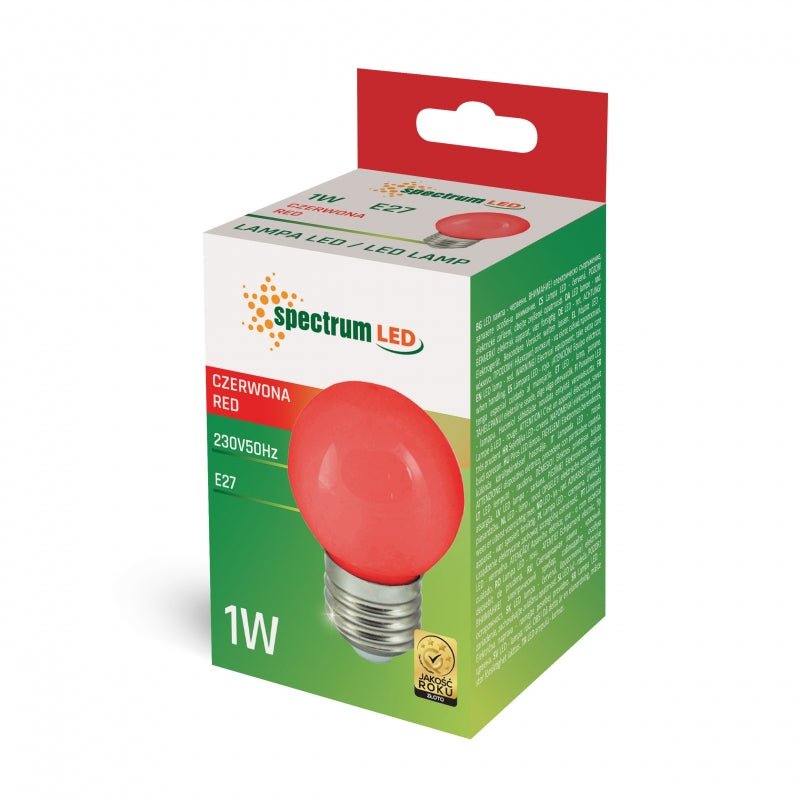 Spectrum LED G45 lampa röd E27 230V 1W - energieffektiv omgivningsbelysning, 17000h livslängd, 270° strålningsvinkel