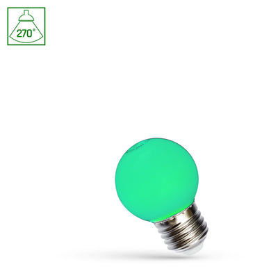 Spectrum LED-lampa G45 grön 1W med E27-sockel, 230V, 270° strålningsvinkel, 17000 timmar, CRI 80, IP20, inomhusbruk