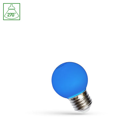 Spectrum LED-lampa G45 E27 1W blå, 230V, 270° vinkel, 17000 timmar, IP20, CRI 80 lumen, ej dimbar