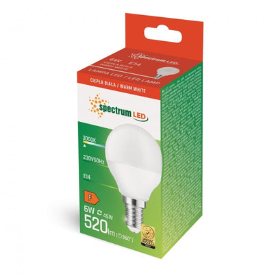 Spectrum LED G45 E14 230V 6W varmt vitt, 520 användbara lumen, 3000K, 160° ljusstråle, IP20, hållbar belysning