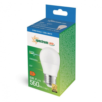 Spectrum LED glödlampa G45 E27 230V 6W kallvitt ljus 6000K 560 användbara lumen IP20 ej dimbar 17000h