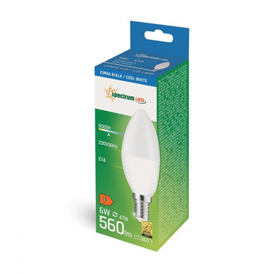 Spectrum LED ljusformad lampa C37 E14 6W, 230V, 6000K kallt vitt ljus, 560 lumen, 160° strålvinkel, hållbarhet 17000 timmar