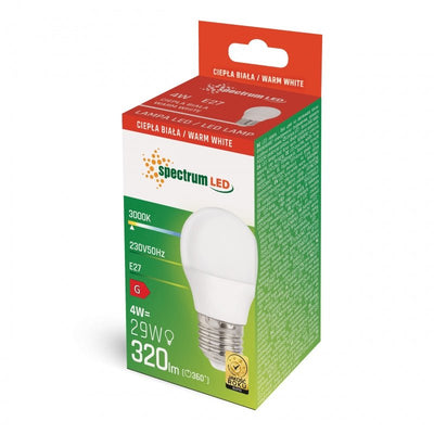 Spectrum LED G45 lampa E27 sockel 4W varmvit 3000K 3200 lumen inomhusbelysning 160° strålvinkel