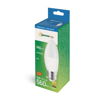 Spectrum LED ljus C37 E27 230V 6W 6000K kallt vitt ljus 560 lumen, 160° strålningsvinkel, ej dimbar, 17000 timmars livslängd