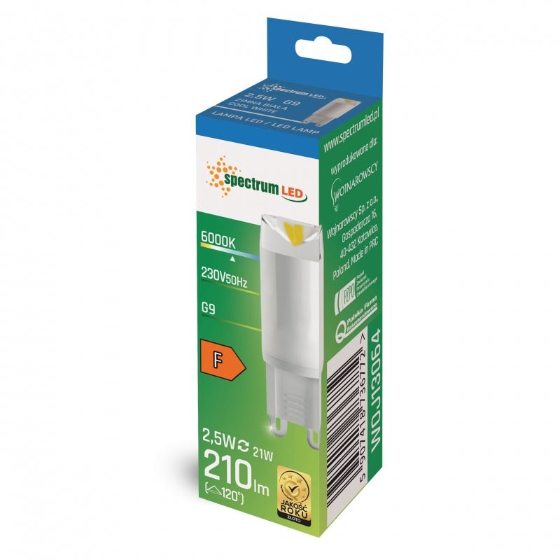 Spectrum LED-lampa G9 2.5W 230V 6000K keramisk med 210 lumen, CRI 80, ej dimbar, kallt vitt ljus och 100° vinkel