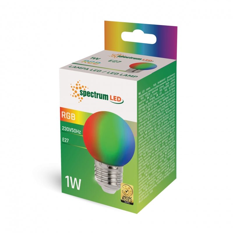 Spectrum LED-kula G45 E27 RGB-lampa, 230V, 1W, 260° vinkel, lång livslängd, 400 lumen, ej dimbar, för inomhusbruk