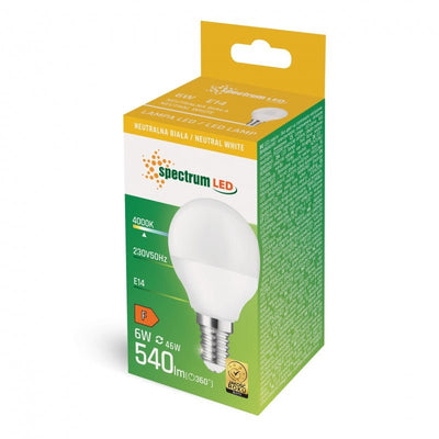 Spectrum LED Boll G45 E14 6W 4000K naturligt vitt ljus 540 lumen 160° strålvinkel 230V lång livslängd