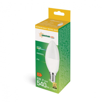 Spectrum LED-ljus C37 E-14 230V 6W 4000K neutralvit 540 lumen 160° strålvinkel IP20 energisnål