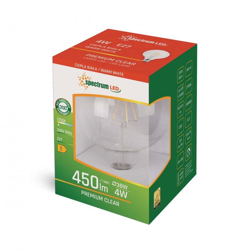 Spectrum LED globlampa G95 4W 2700K E27 med 450 lumen och 300° strålvinkel för varmt vitt ljus