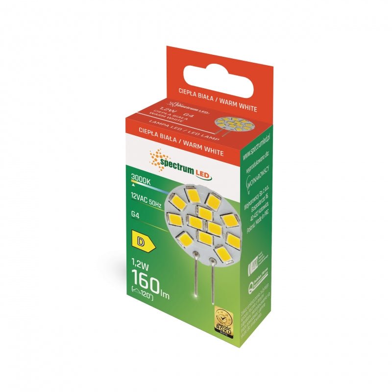 Spectrum LED G4 12V 1.2W 3000K varm vit 160 lumen 120° strålvinkel för inomhusbruk