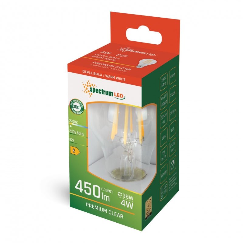 Spectrum led gls A60 E27 230V 4W varm vit 2700K glödtrådseffekt, 450 lumen, IP20, 300 graders strålningsvinkel