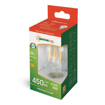 Spectrum led gls A60 E27 230V 4W varm vit 2700K glödtrådseffekt, 450 lumen, IP20, 300 graders strålningsvinkel