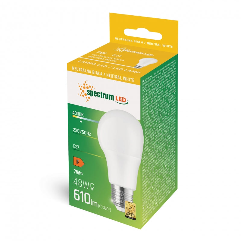 Spectrum LED GLS A60 glödlampa E27 7W 230V 4000K neutralvit 610 lumen 270° spridning ej dimbar
