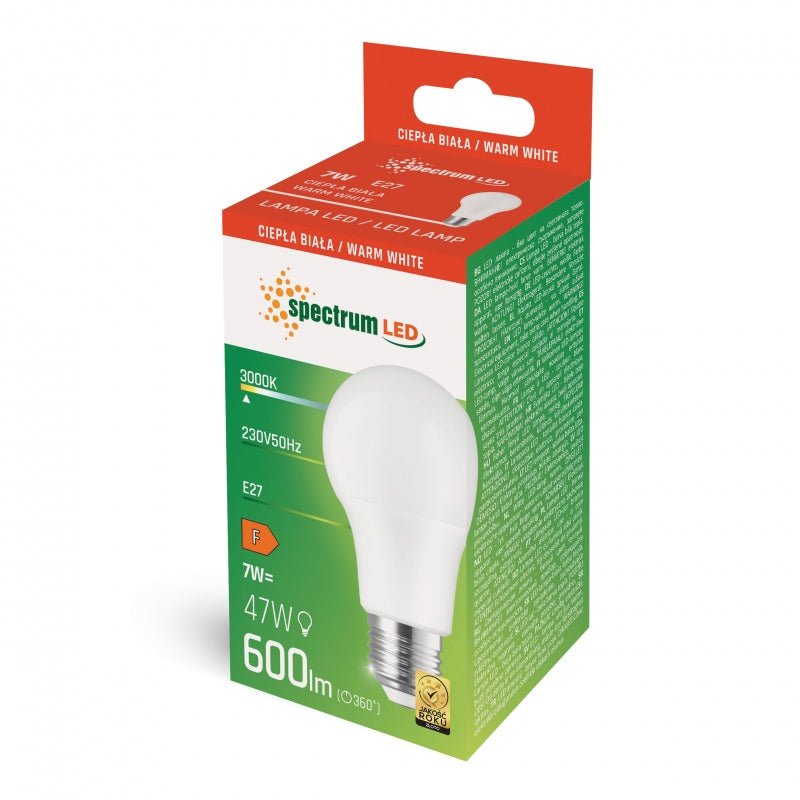 Spectrum LED GLS A60 E27 7W 3000K 600 lumen varmt ljus för inomhusbruk 270 graders vinkel