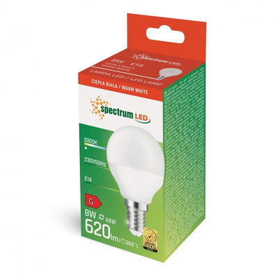 Spectrum LED-lampa G45 varmvit 8W 230V E14 - 710 lumen, 3000K, IP20, ej dimbar