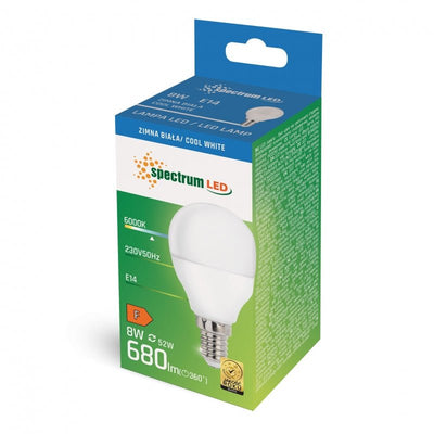 Spektrum LED-lampa G45 E-14 230V 8W 750 lumen kallvitt ljus 6000K IP20 ej dimbar 17000 timmars livslängd