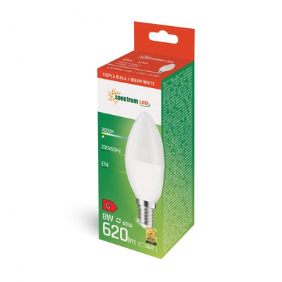 Spectrum LED-kronljuslampa C37 E-14 8W 3000K varm vit, 710 lumen, 160° strålvinkel, IP20, idealisk stämningsbelysning