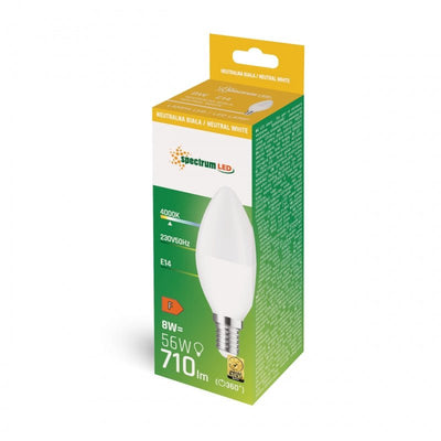 Spectrum LED kronljuslampa C37 E14 230V 8W 4000K ej dimbara energibesparande lampa 710 lumen 160° grader strålvinkel