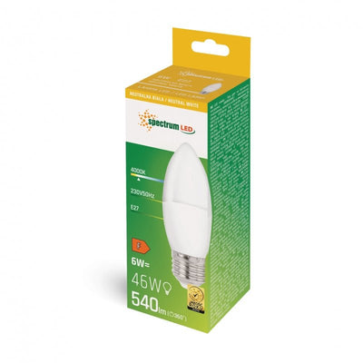 Spectrum LED ljusformad glödlampa C37 E27 230V 6W NW 4000K, 540 lumen för inomhusbruk, 160° strålvinkel, inte dimbar