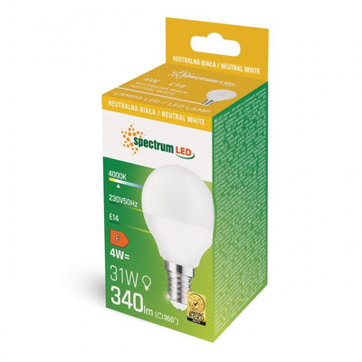 Spectrum LED-boll G45-lampa med E14-sockel 230V 4W 4000K, 340 lumen, 160° spridning, ej dimbar, IP20